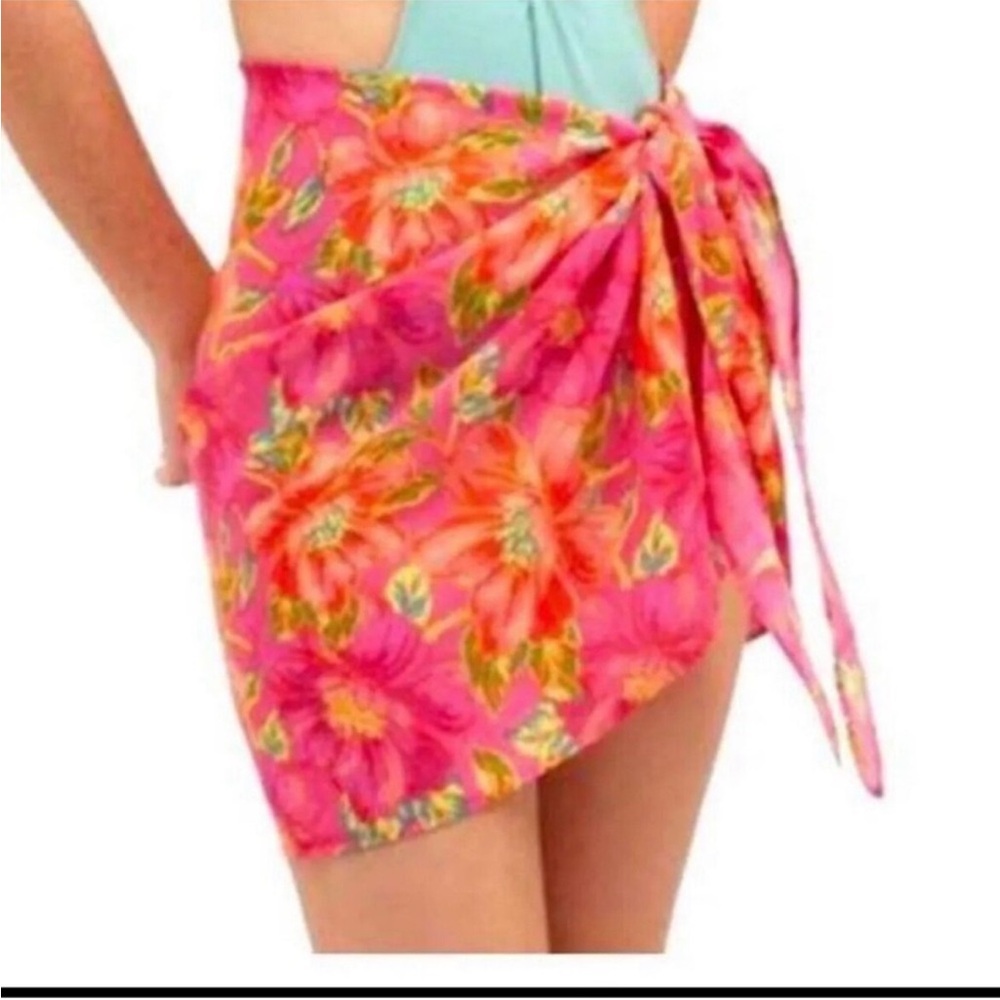 Beach Riot Hot Pink Floral Wrap Sarong with Orange Accents